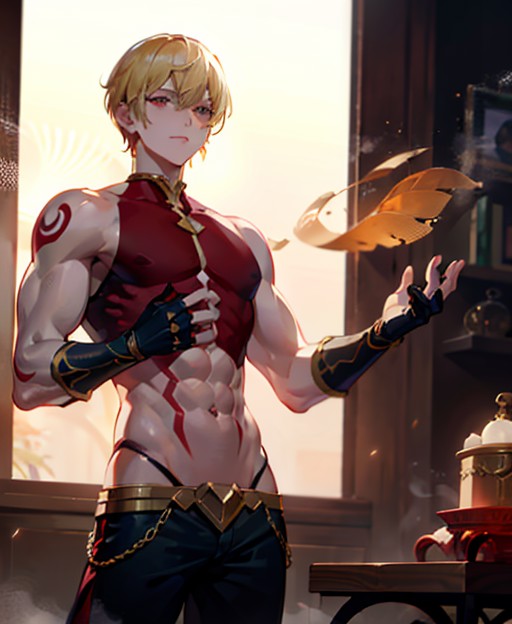 contrapposto, steam,looking away,(finely detailed beautiful eyes: 1.2),beautiful detailed nose, gilgamesh, 1boy, blond sho...